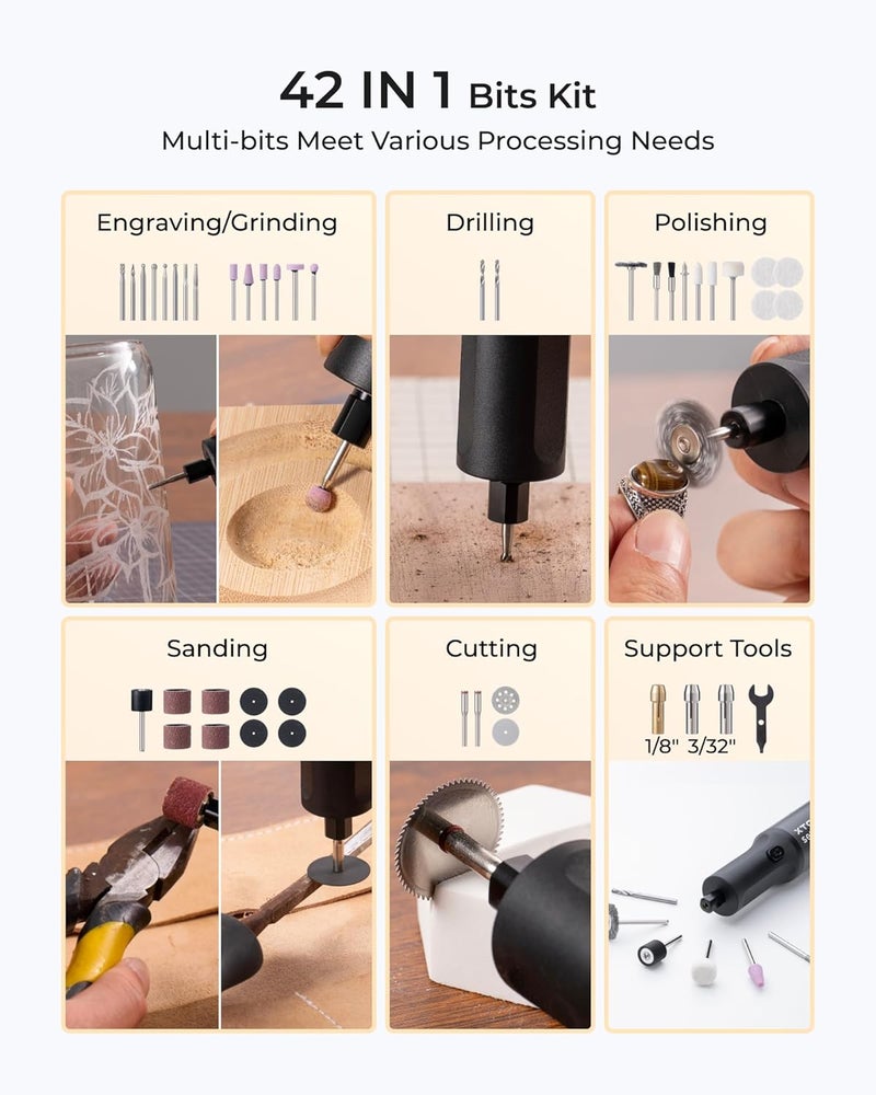 xTool Selected Engraving Pen, 42-in-1 Tool Kit, Cordless Engraver and Rotary Tool Kit for Metal Wood Glass Plastic, Large Capacity Engraving tool, Craft Multi-function Glass Etching Kit, Mini Sander - Image 2